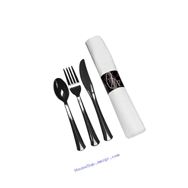 Party Essentials N501732 Napkin Rolls with Extra Heavy Duty Cutlery, Black/White, 25 Roll Count