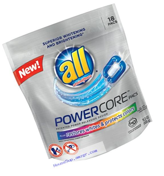 all Powercore Pacs Laundry Detergent Plus Restores Whites & Protects Colors, Pouch, 18 Count