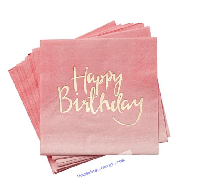 Ginger Ray PM-908 Pick And Mix Foiled Pink Ombre Happy Birthday Party Paper Napkins (20 Pack), Gold