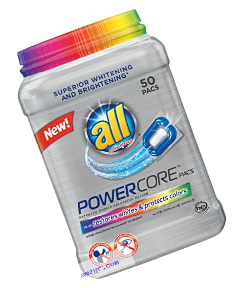 all Powercore Pacs Laundry Detergent Plus Restores Whites & Protects Colors, Tub, 50 Count