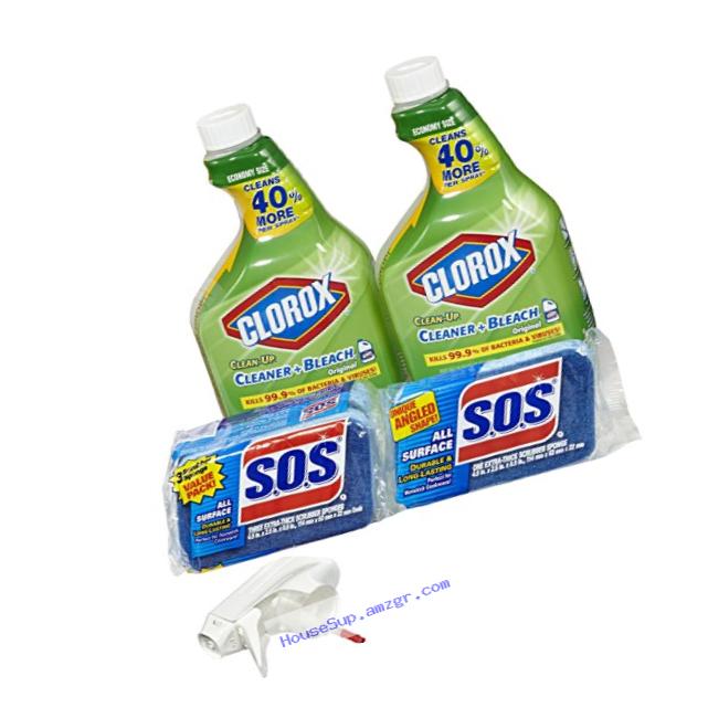 Clorox Clean-Up Bleach Cleaner Spray and S.O.S All Surface Scrubber Sponge Value Pack