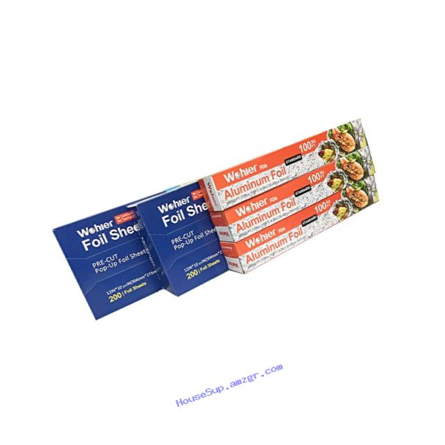 Wohler Durable Kitchen Aluminum Foil Set, Including 2 Piece of 200 Sheets Box/3 Piece of 100 sq. ft. Roll